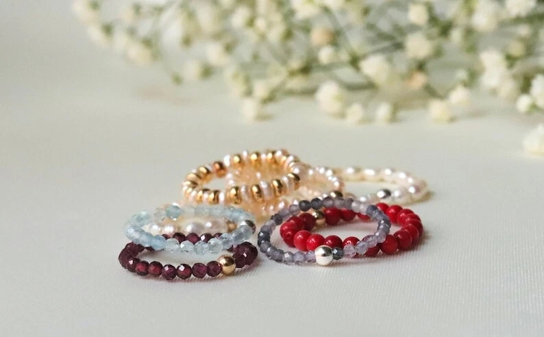 Natural Italian Coral Smooth Round Gemstone Beads Stretchable Rings For Girls - Image 4 of 4