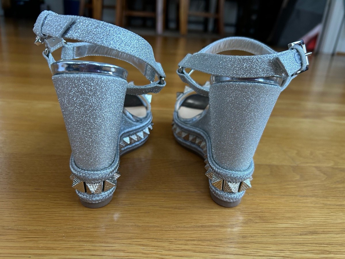 CHRISTIAN LOUBOUTIN Pyraclou 110 Silver Glitter Wedge Sandals SZ36