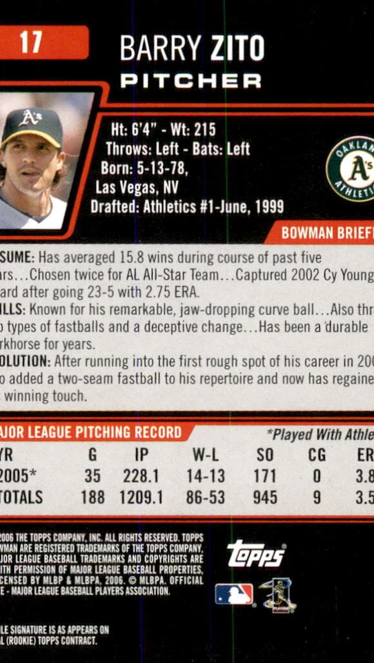 2006 Bowman  #17 Barry Zito Oakland Athletics - Image 2 of 2