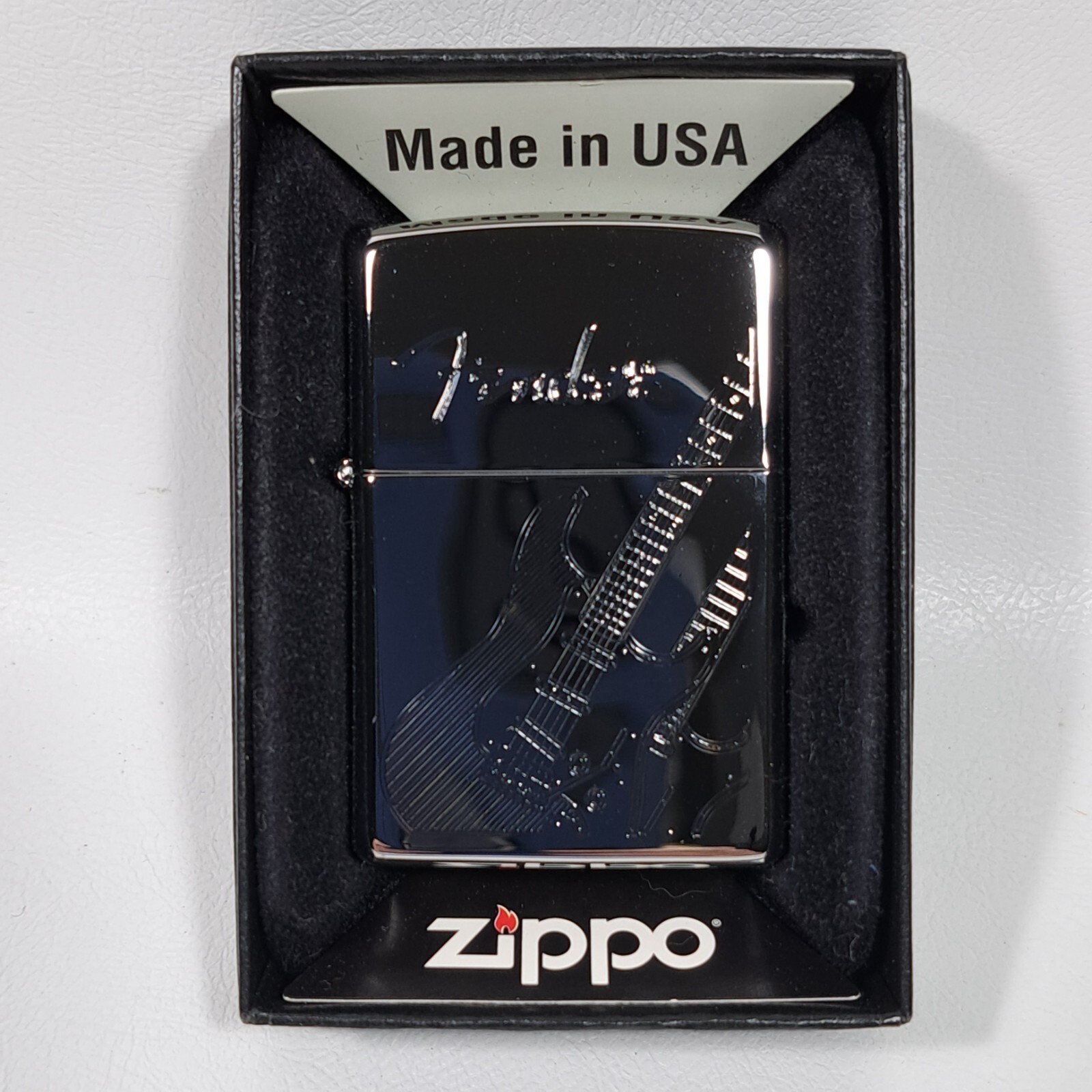 Zippo Lighter Fender Stratocaster Guitars Engraved/Etched Polish Chrome