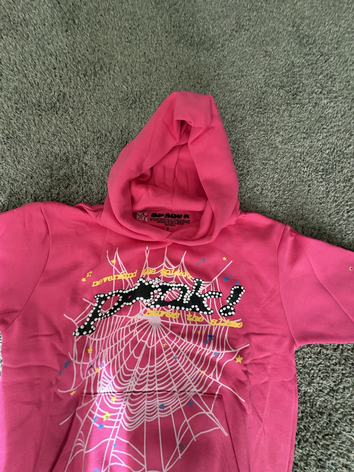 Spyder Girls Pink Pullover Hoodie L Fleece Graphic Web & Star Print