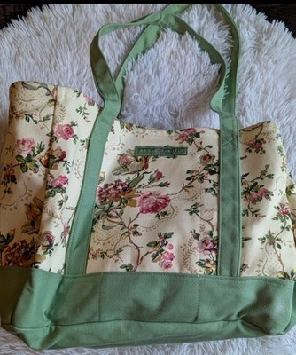 Anna Griffin Floral large Tote Bag Cream Green Pink Roses Zip Shoulder Strap