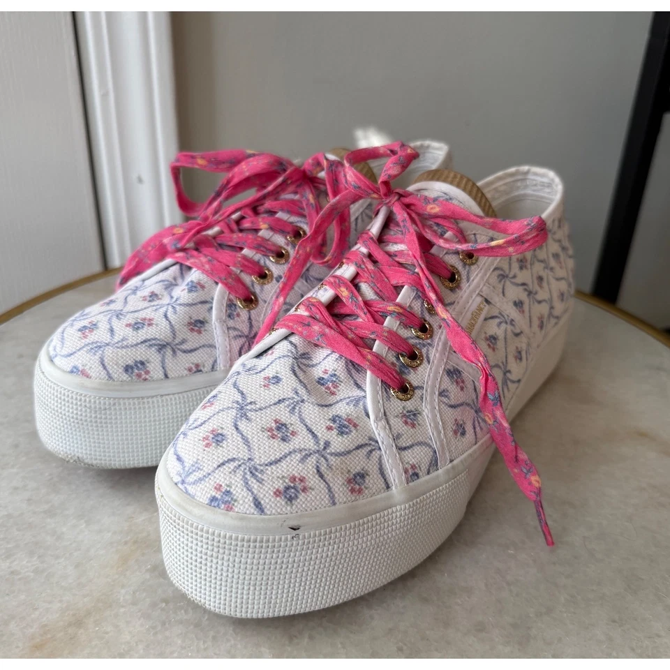 LoveShackFancy x Superga Platform Sneakers Floral Print Pink Laces Size 41.5 - Image 2 of 4