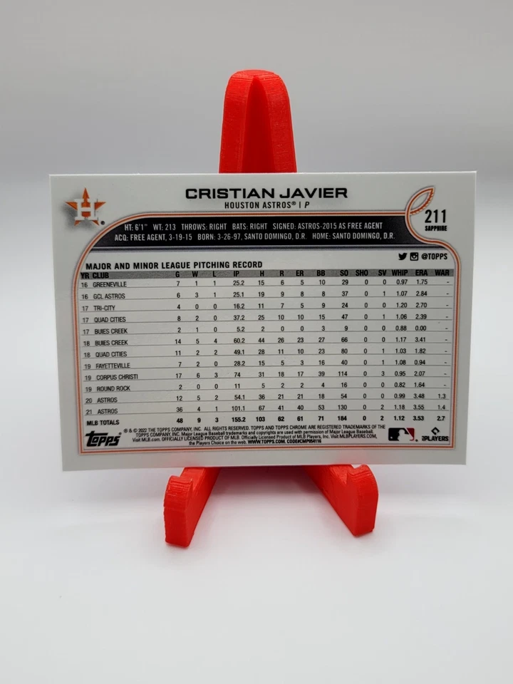 2022 Topps Chrome SAPPHIRE Cristian Javier #211 Houston Astros - Image 2 of 2