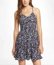 Express Dress Purple Black White Floral Fit Flare Skater Cocktail Sundress Sz 0