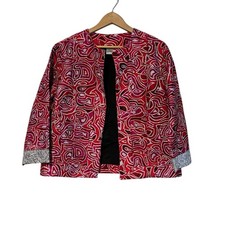 Chicos Open Front Jacket 100 Silk Lined Silver Metallic Sz 1