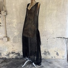 Antique 1920s Black Silk Chiffon Gown Hand Beaded Side Bows Slits Vintage