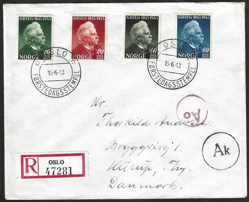 NORWAY 1943 Edvard Grieg Set Registered FDC Oslo to Denmark