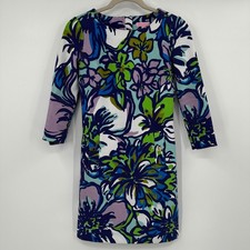 Lilly Pulitzer Blue Green Floral Jacquard Ribbed Shift Dress XXS Tropical Retro