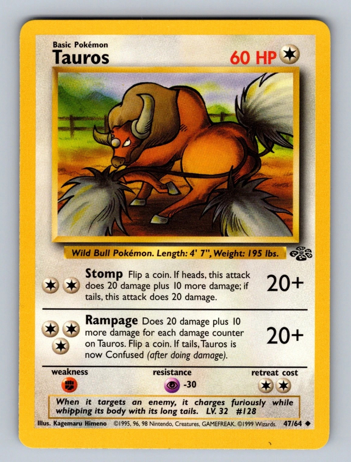 Tauros NM Pokemon 47/64 Vintage 1999 Jungle Uncommon Colorless Unlimited Regular
