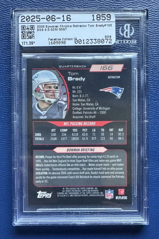 Bowman Chrome #166 2006 refractor Tom Brady BGS 9,5 gema como nuevo - HOF Patriots Bucs Foto 2 de 2