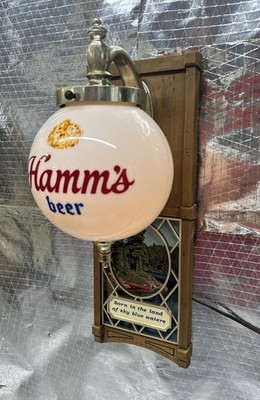 Vintage Hamm's Beer Lighted Globe Sconce Sign Born In Land Of Sky Blue Waters