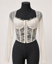 Ivory Floral Lace Long Sleeve Corset Bustier Sheer Boned Coquette Renaissance M