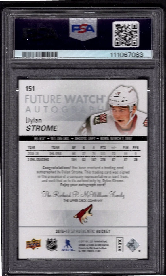 DYLAN STROME 2016-17 UD SP Authentic Future Watch Auto ROOKIE #/999 PSA 10 RC - Image 2 of 2