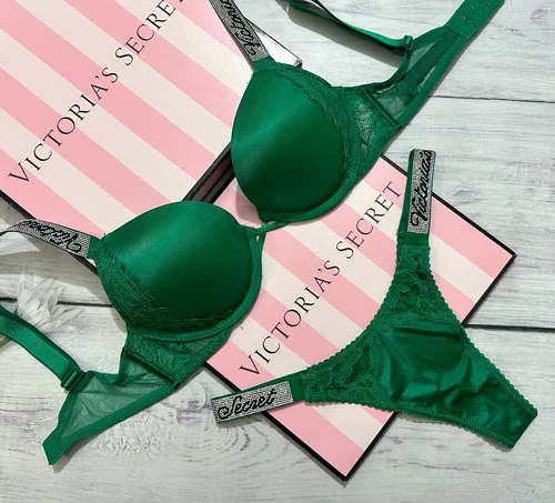 Victoria's Secret Shine Strap Bombshell Push-Up Bra Thong Set Verdant Green
