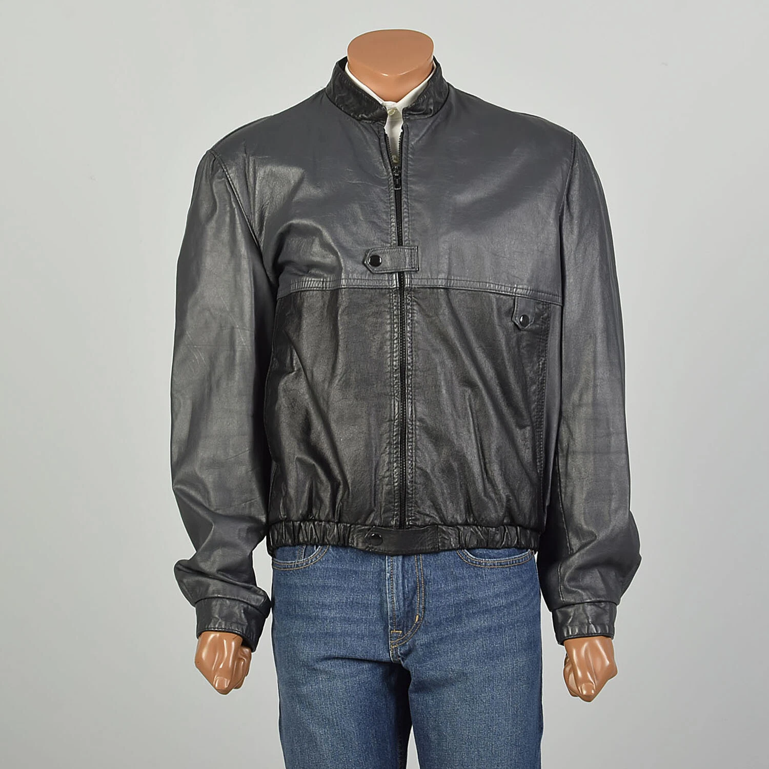  1980s two toned mandarin collar zip up elastic waist jacket