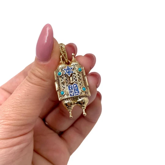 Еврейская подвеска из желтого золота 14 карат с бирюзой иудейскими камнями - Изображение 3 из 4