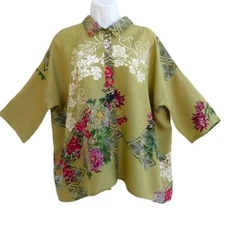 SiLK Citron Santa Monica Green Asian Floral Shell Button Kimono Top Back Pleat S