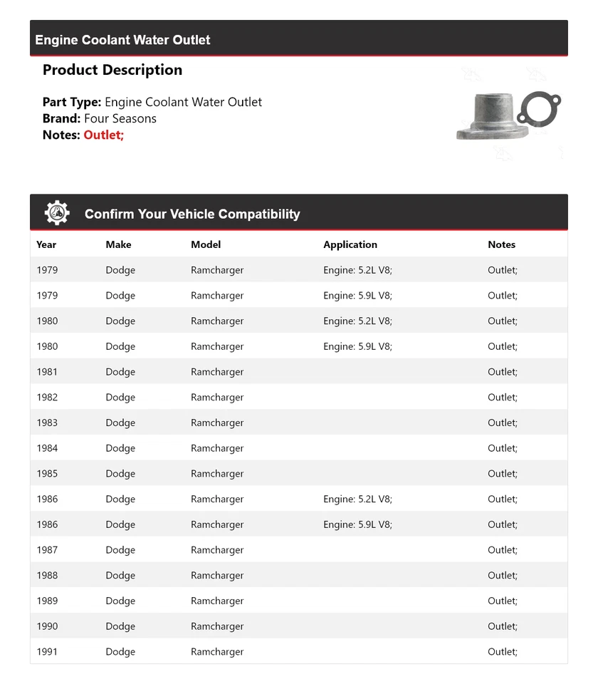 Salida de agua refrigerante motor Dodge Ramcharger 1979-1991 4 estaciones 1980 1981 Foto 2 de 4