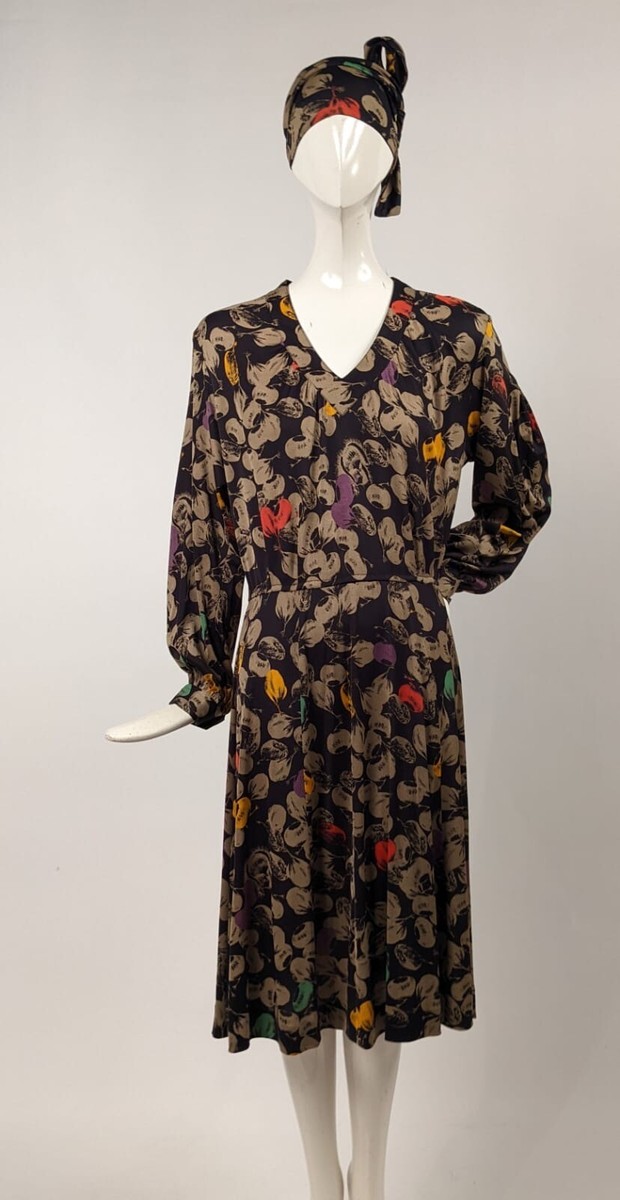 rayon jersey dress GARLIC PRINT VINTAGE 1970'S - MADE IN FRANCE Womens dresses