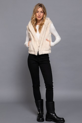 Women's Solid Hoodie Faux Fur Vest Zip Front Coat Warm Sleeveless Outwear - Picture 21 of 25