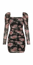 Floral Mesh Ruched Bodycon Dress Pink Rose Long Puff Sleeve