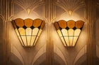 Pair Vintage Tiffany Style Wall Light Shades Amber Cream Art Deco Glass Sconces