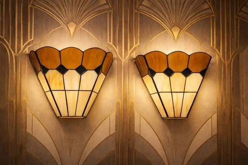 Pair Vintage Tiffany Style Wall Light Shades Amber Cream Art Deco Glass Sconces