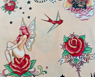 Alexander Henry OOP Skin tattoo, skull, pirate, fairy, tiger blush 2 yds. +26 