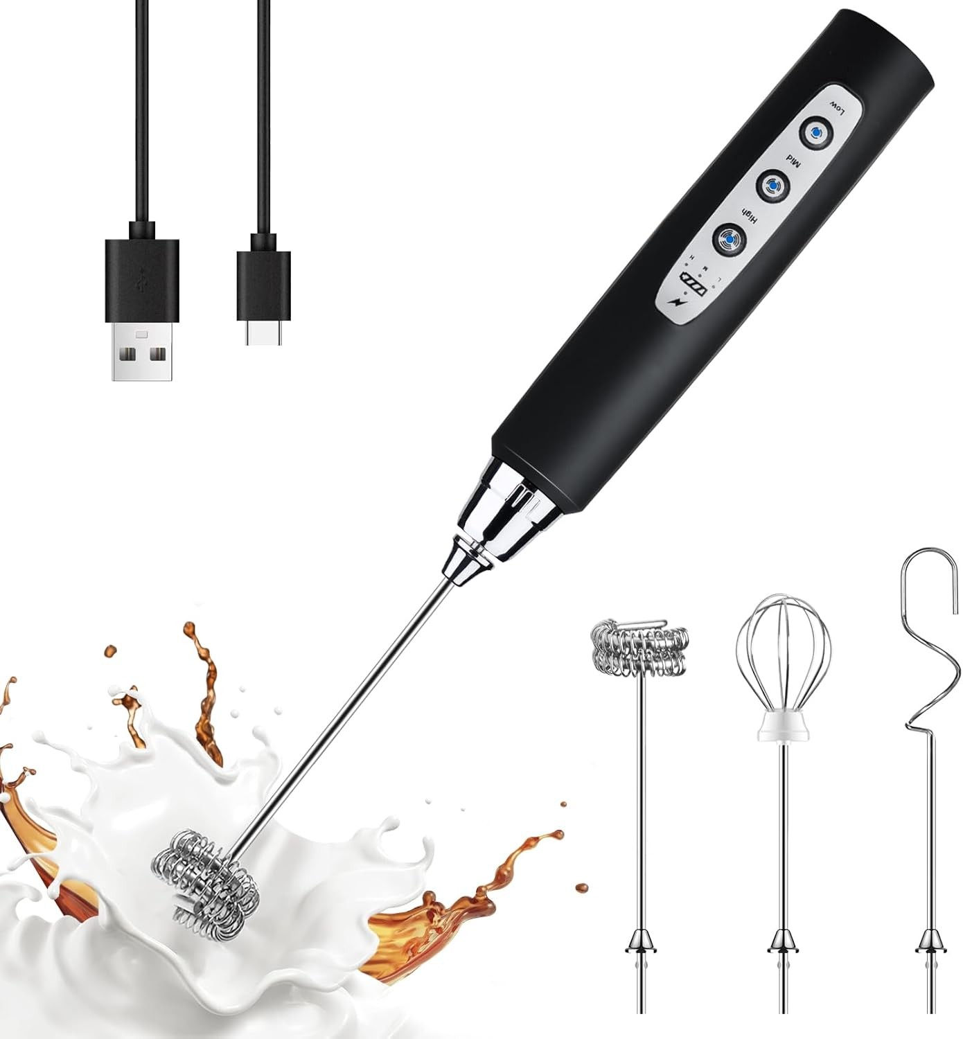 YUSWKO Black Handheld Milk Frother Wand for Coffee, Recharge