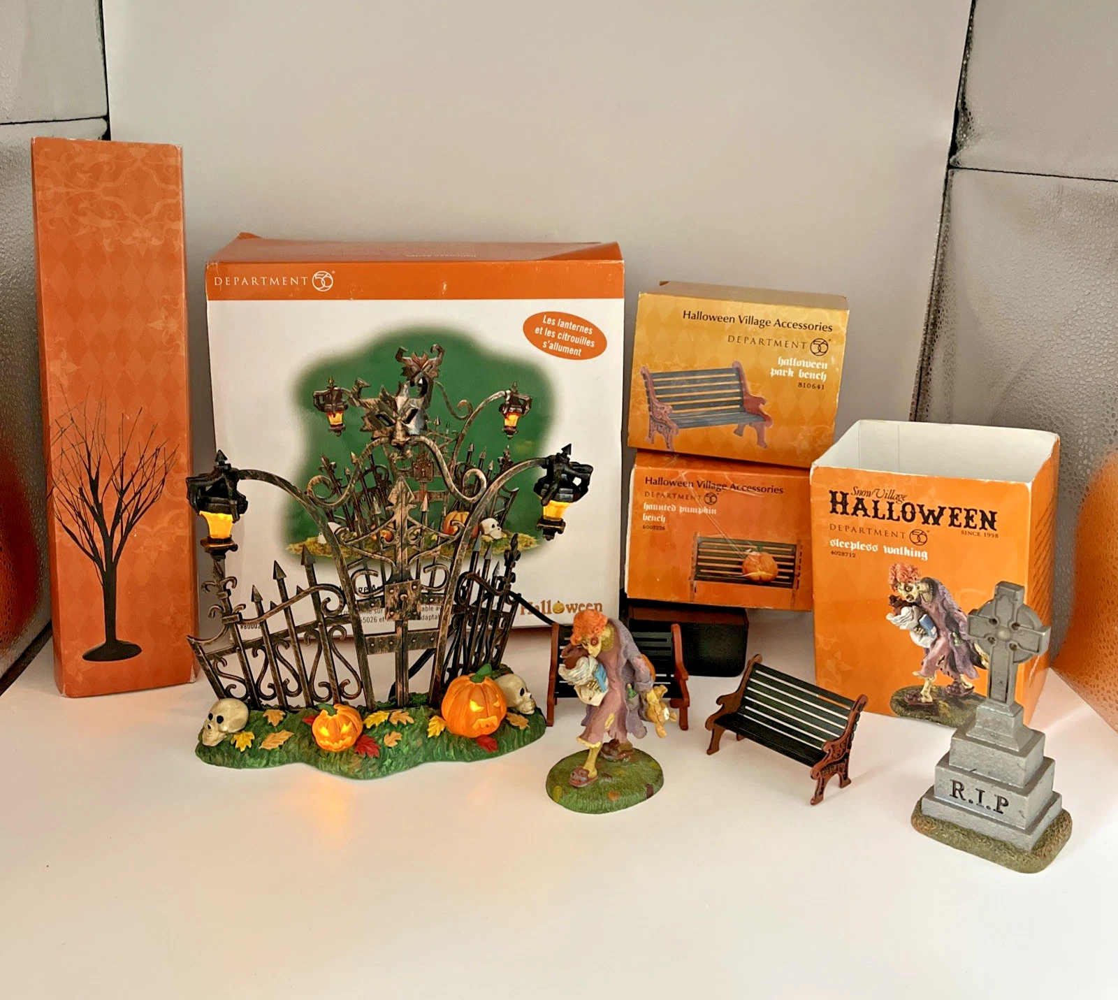 Lot of Dept 56 Halloween - Gothic Gate, Sleepless, Black Bare Trees, Bench, RIP