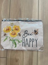 Bee Happy Cosmetic Bag Sunflower Bee Canvas Zip Pouch NWT