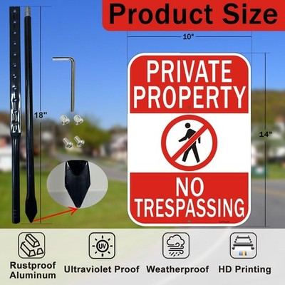 GicnKeuz No Trespassing Sign With 36" Metal Stakes - 14x10 Inch Reflective Aluminum Private Property Sign, Waterproof