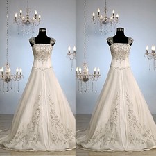 White Ivory Wedding Dresses Lace Applique Sweep Train Chiffon Corset Bridal Gown