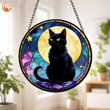 Black Cat Stained Glass Suncatcher, Moon Window Hanging, Celestial Art Panel