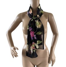 ECHO Silk Chiffon Vintage 1990s sheer scarf black floral flowers 52  X 11  