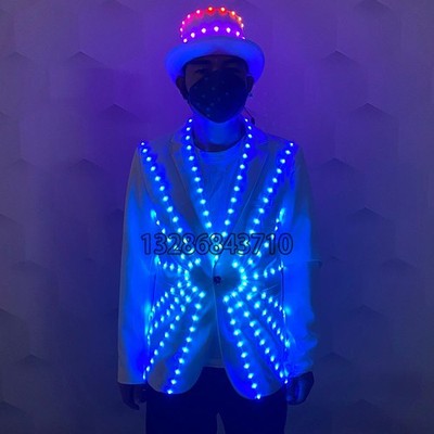 Men Luminous White Suit Jacket Tuxedo w/LED Hat Bar KTV Dance Cosplay Costume