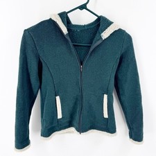   KUHL GIRLS GREEN FULL ZIP FLEECE HOODED JACKET WITH CREAM TRIM SIZE SMALL