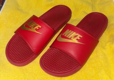 Nike Men's Benassi JDI Slides Sandals Red w/ Metallic Gold Size 12 M, 343880-602