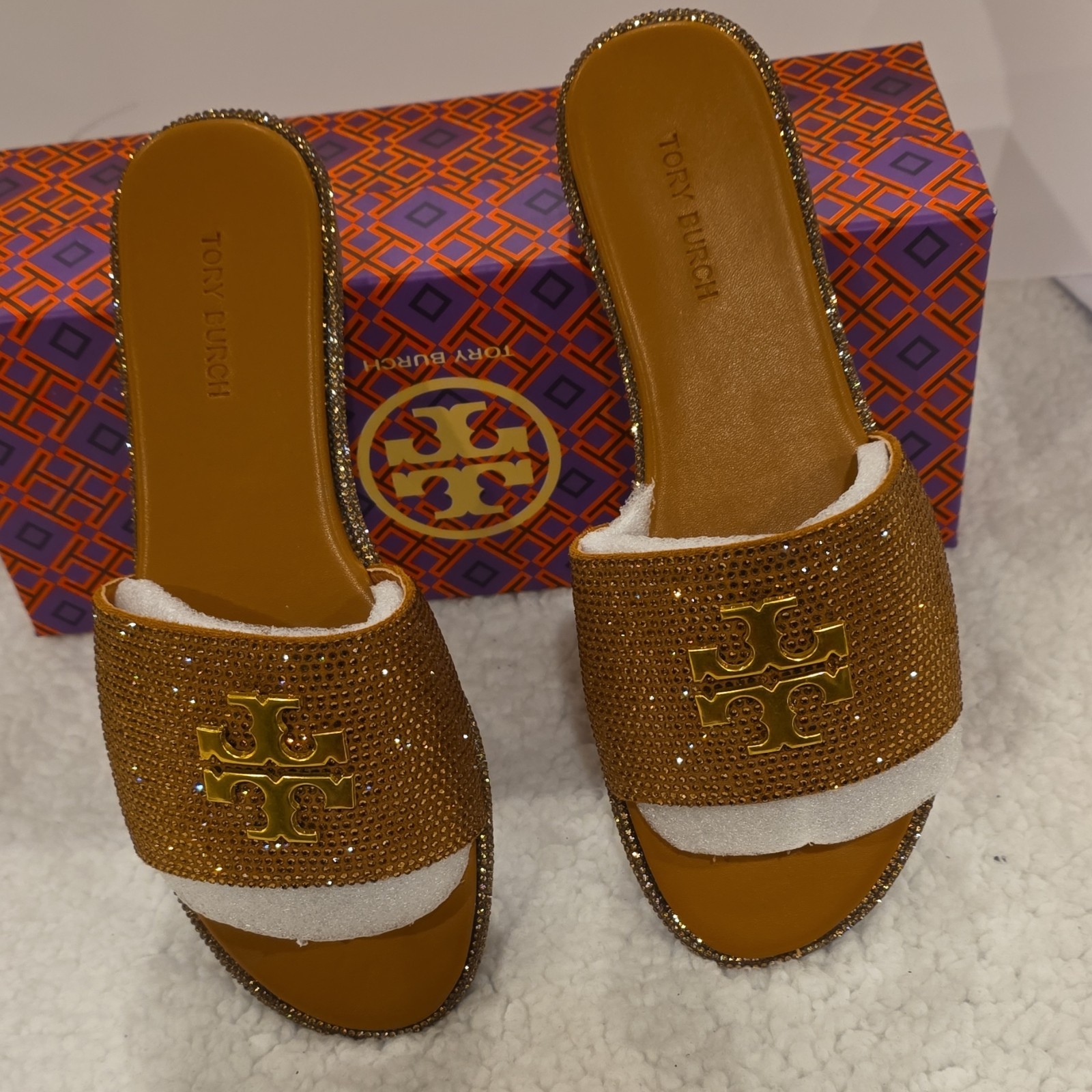 Tory Burch Brown Gold Rhinestone Logo Slide Sandals Women's thumbnail 3