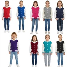 kids Girls Boys B.B Plain Hooded Jacket Varsity Classic Baseball Style Coat 2-13