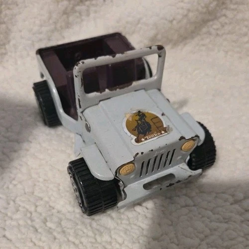 Tonka Tin Jeep Toy Vehicle White Cowboy Decal Purple Interior Vintage