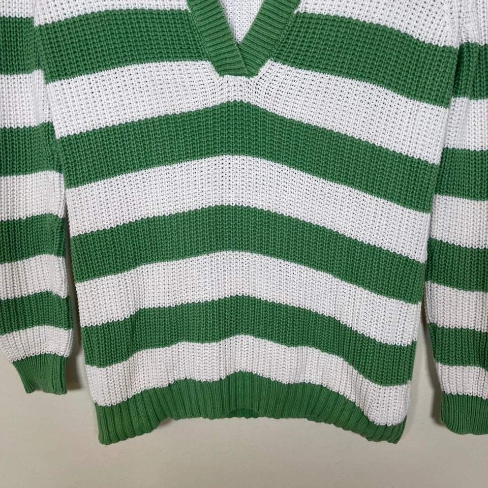 Suéter Tejido Vintage Merona Verde Blanco Rayas M Con Capucha Cuello en V Y2K Bella Swan Foto 4 de 4