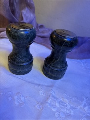 Pair Green Marble Salt/Pepper Shakers Original Plastic Stoppers 
