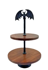 Halloween Bat 2 Tier Serving Tray Stand Gothic Black Metal & Wood Desert Cupcake