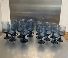 Set Of 16 Vintage Libbey Dusk Blue Wine & Champagne Tulip Glasses Goblets