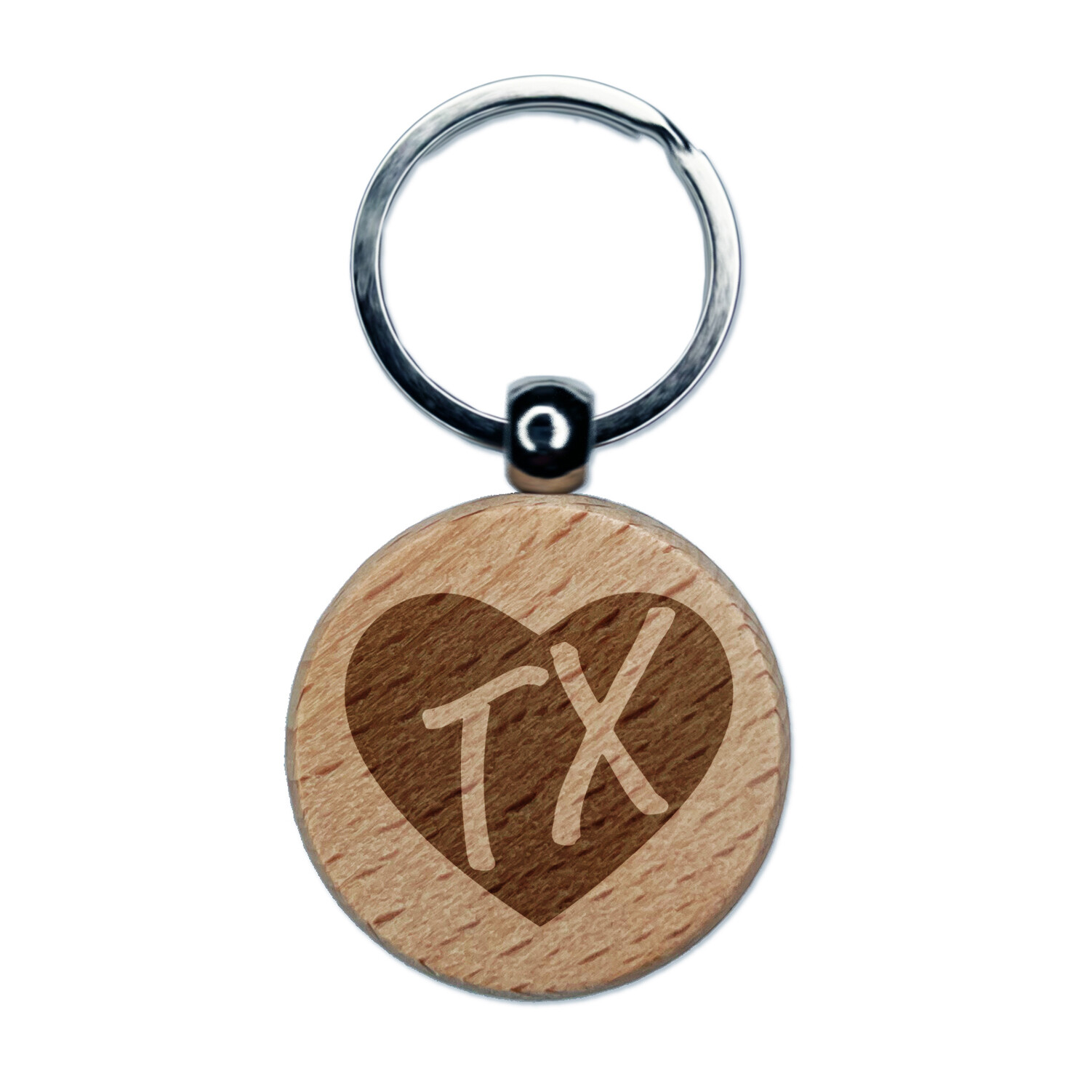 Texas Heart Engraved Wooden Round Keychain Charm TX State