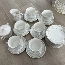 Everbrite Fine China Leonora 5 Coffee Sets ,Creamer, & Sugar Bowl/ 12 Fruit Set