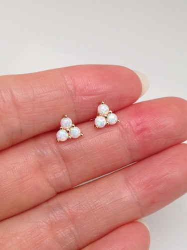 925 Sterling Silver White Opal Three Stone Stud Earrings Dainty Studs 6mm Gold - Picture 10 of 12