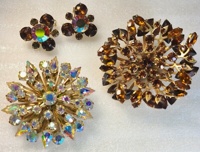 Vintage Root Beer AB RHINESTONE Riveted Starburst Brooches Earrings Jewelry Lot